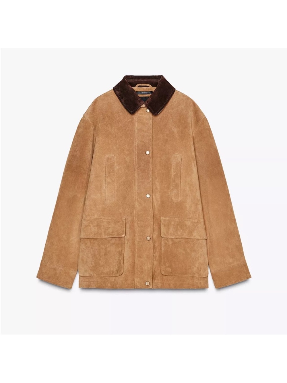NWT Zara Women’s Viral Camel REAL Suede Barn Jacket with Dark Brown Collar